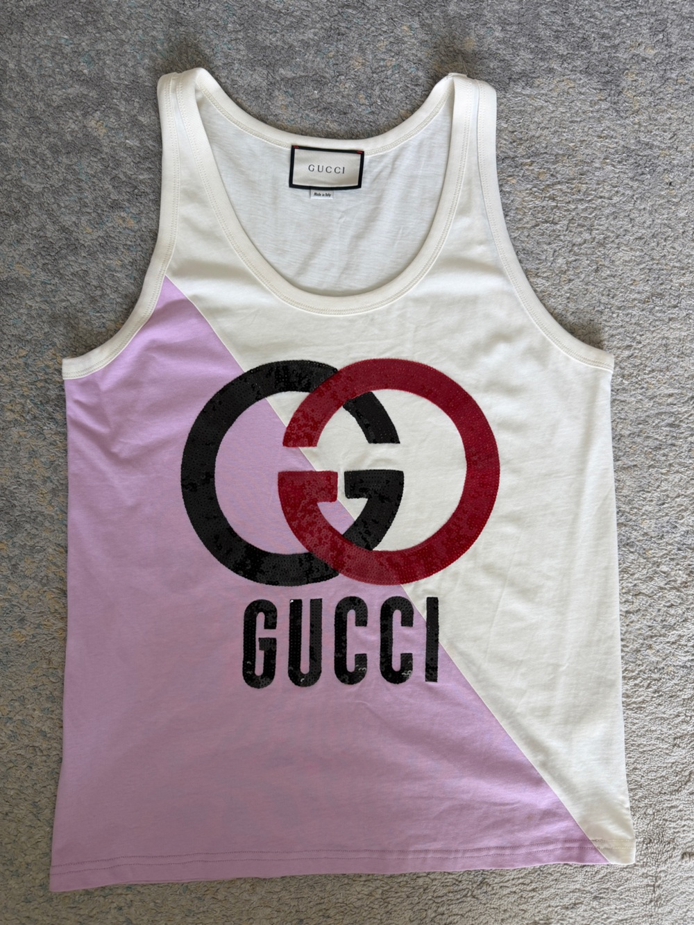 Gucci White Tank Top with Black Trim and Red Sequin Stitch Accents